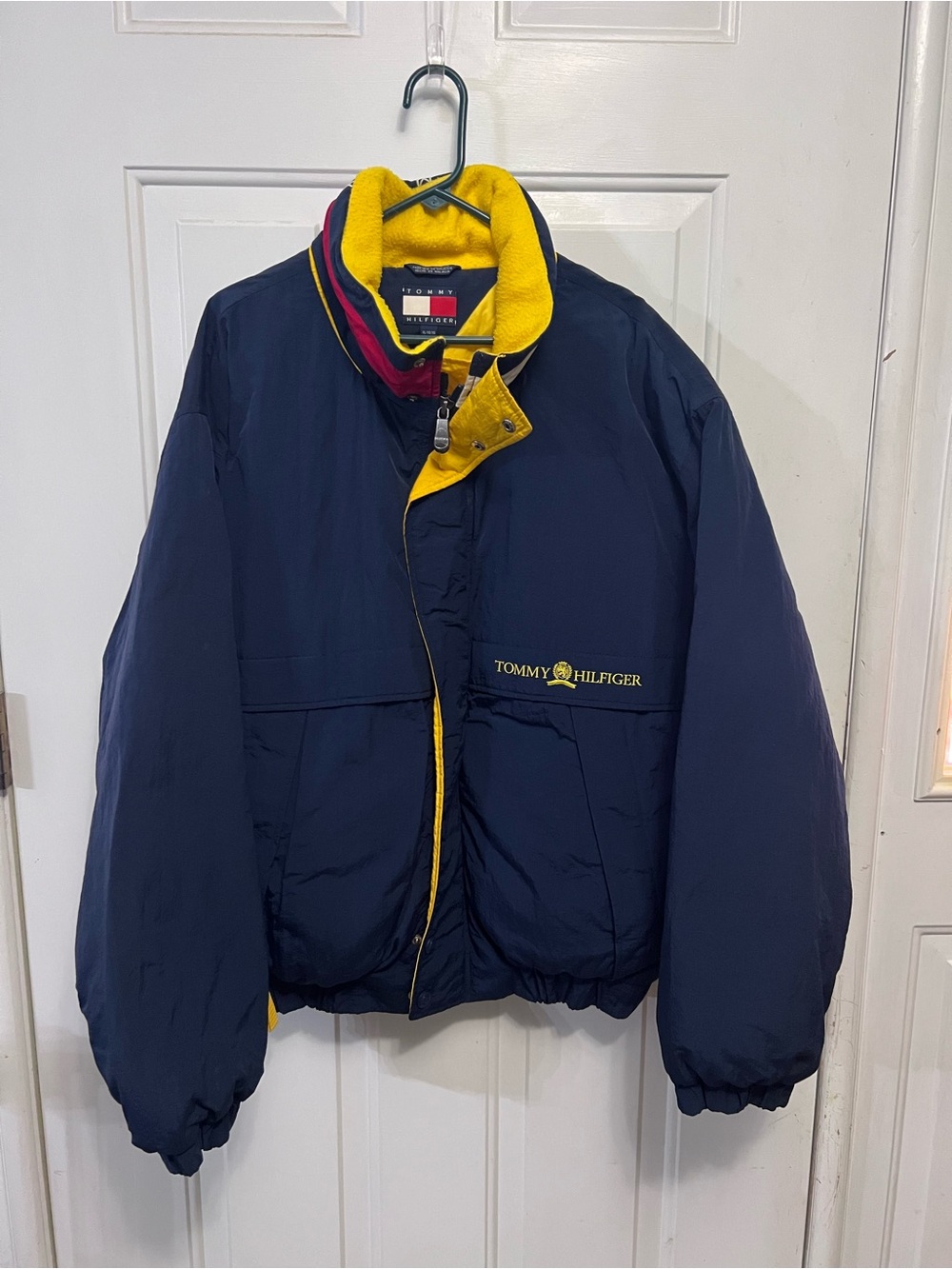 Vintage 90s Tommy Hilfiger Down Puffer Jacket XL Navy Yellow Hidden Hood Coat